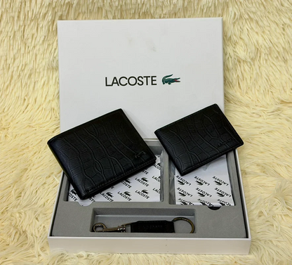 Lacoste Croc Embossed Black Wallet Gift Set with Card Holder & Keychain