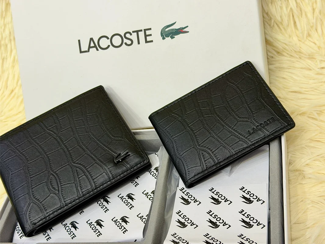 Lacoste Croc Embossed Black Wallet Gift Set with Card Holder & Keychain