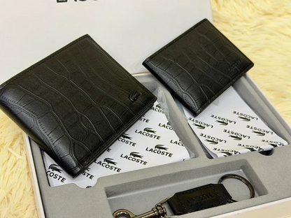 Lacoste Croc Embossed Black Wallet Gift Set with Card Holder & Keychain