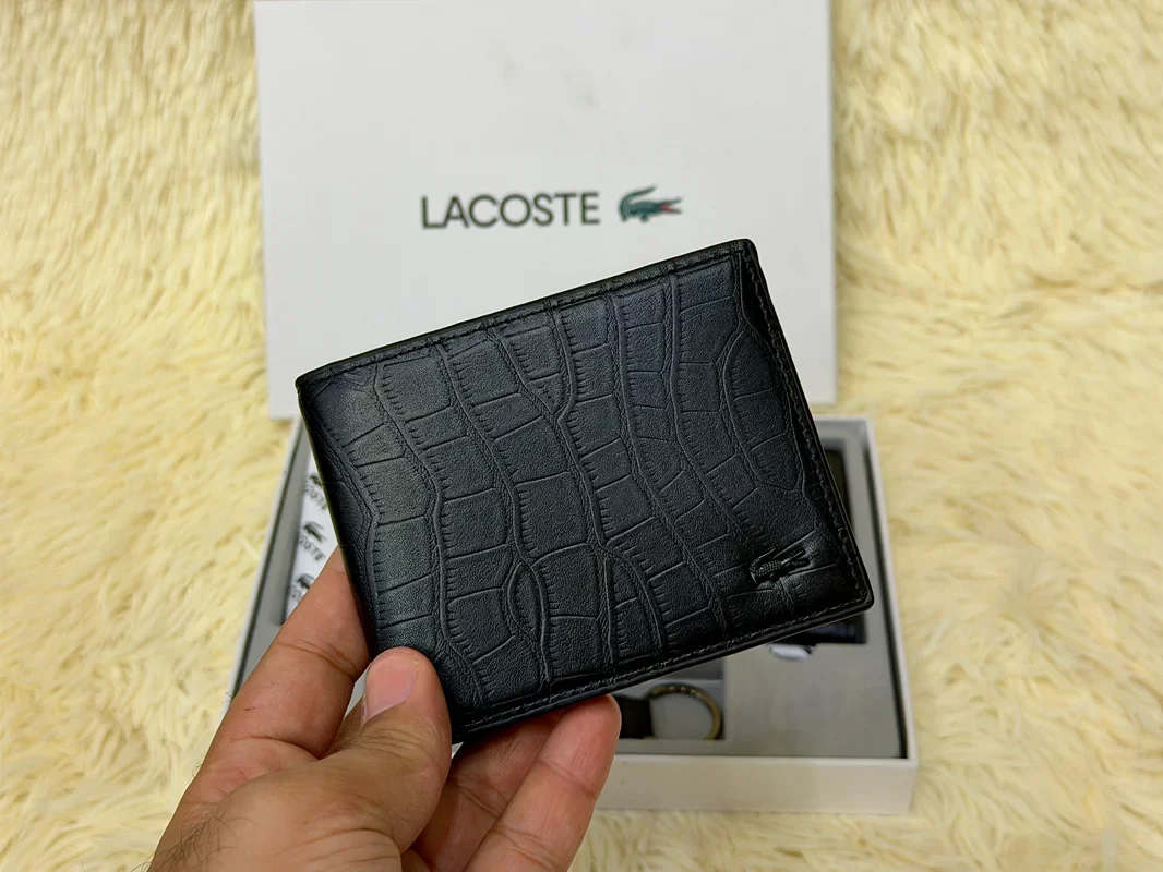 Lacoste Croc Embossed Black Wallet Gift Set with Card Holder & Keychain