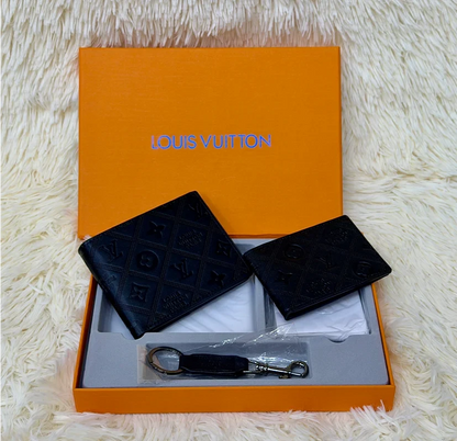 Louis Vuitton Black Embossed Monogram Wallet Gift Set with Card Holder & Keychain