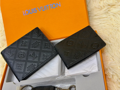 Louis Vuitton Black Embossed Monogram Wallet Gift Set with Card Holder & Keychain