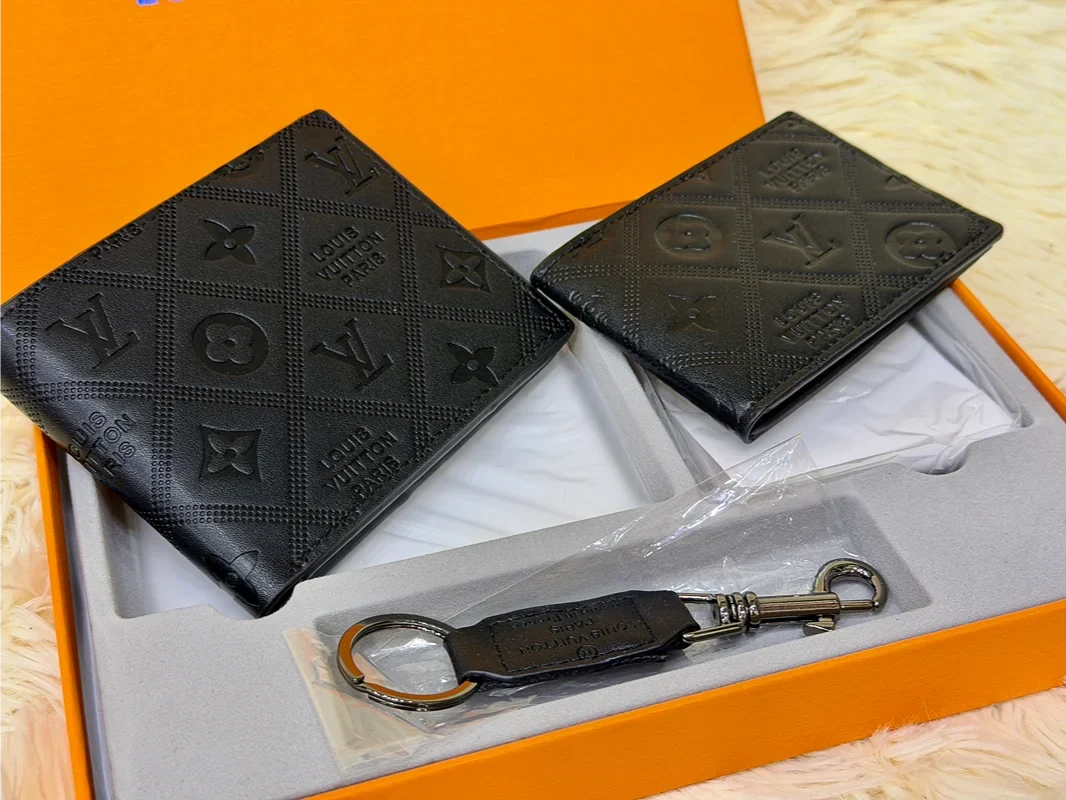 Louis Vuitton Black Embossed Monogram Wallet Gift Set with Card Holder & Keychain