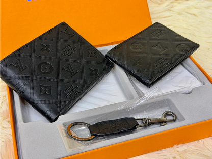 Louis Vuitton Black Embossed Monogram Wallet Gift Set with Card Holder & Keychain
