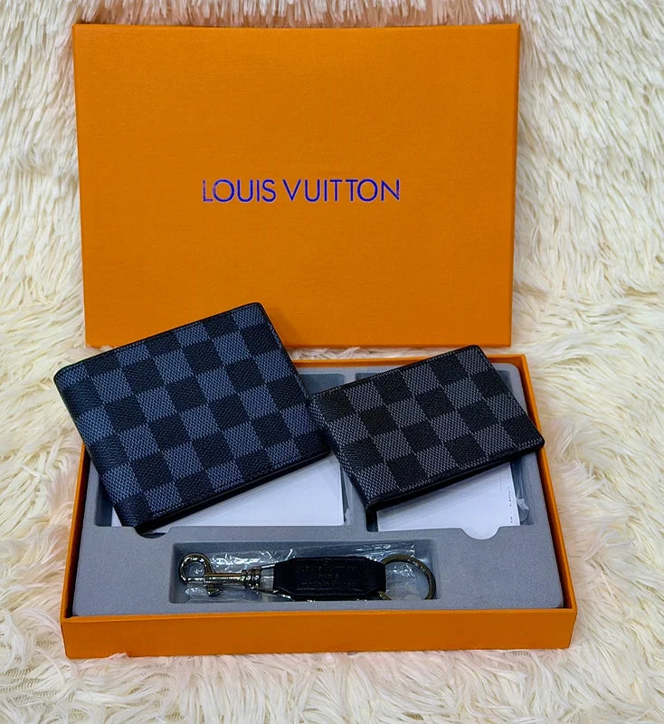 Louis Vuitton Blue Damier Pattern Wallet Gift Set with Card Holder & Keychain