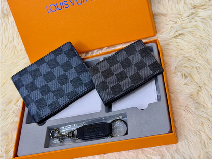 Louis Vuitton Blue Damier Pattern Wallet Gift Set with Card Holder & Keychain