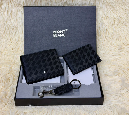Montblanc Black Geometric Pattern Wallet Gift Set with Card Holder & Keychain