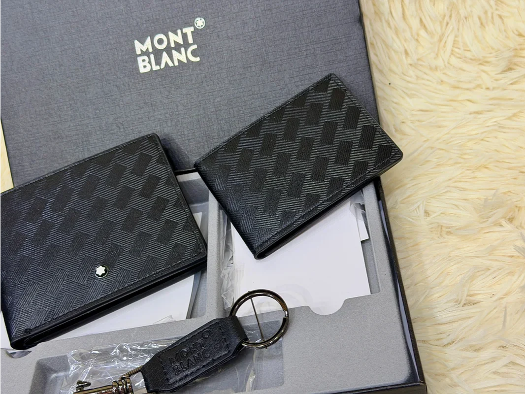 Montblanc Black Geometric Pattern Wallet Gift Set with Card Holder & Keychain