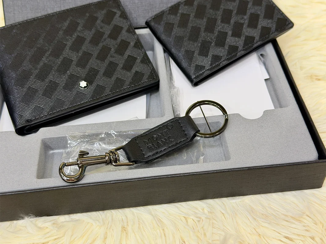 Montblanc Black Geometric Pattern Wallet Gift Set with Card Holder & Keychain