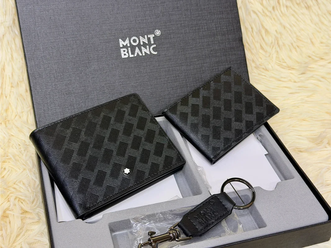 Montblanc Black Geometric Pattern Wallet Gift Set with Card Holder & Keychain