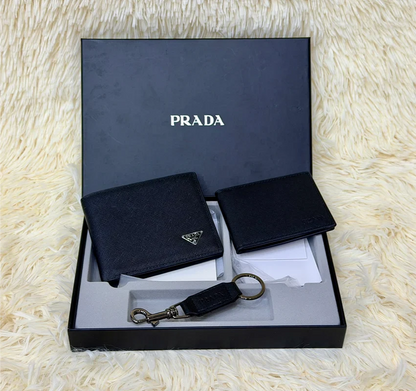 Prada Black Saffiano Bifold Wallet Gift Set with Card Holder & Keychain