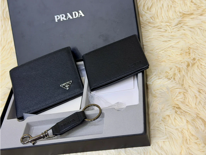 Prada Black Saffiano Bifold Wallet Gift Set with Card Holder & Keychain