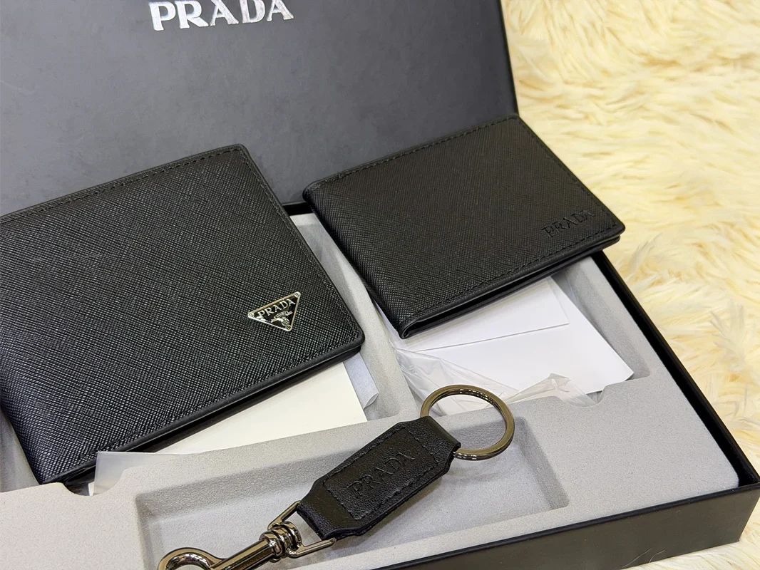 Prada Black Saffiano Bifold Wallet Gift Set with Card Holder & Keychain
