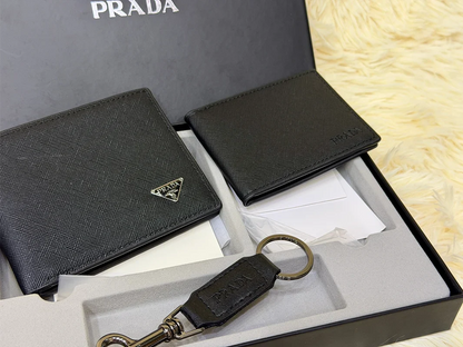 Prada Black Saffiano Bifold Wallet Gift Set with Card Holder & Keychain
