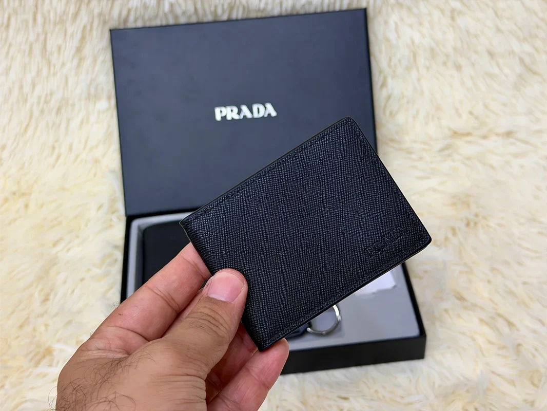Prada Black Saffiano Bifold Wallet Gift Set with Card Holder & Keychain