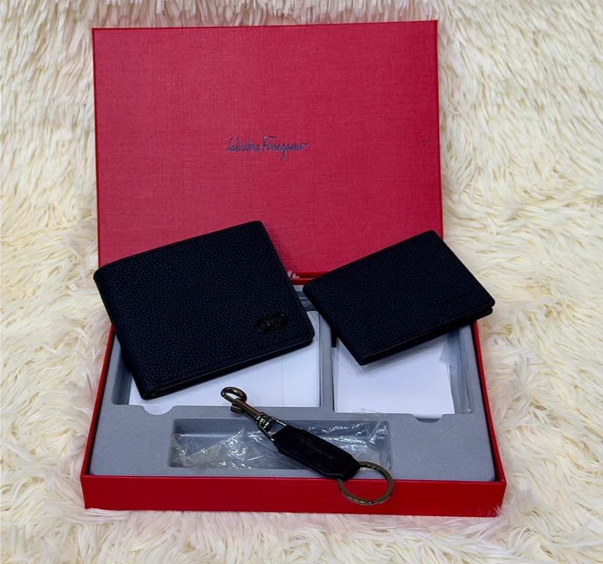 Salvatore Ferragamo Black Grain Textured Wallet Gift Set with Card Holder & Keychain
