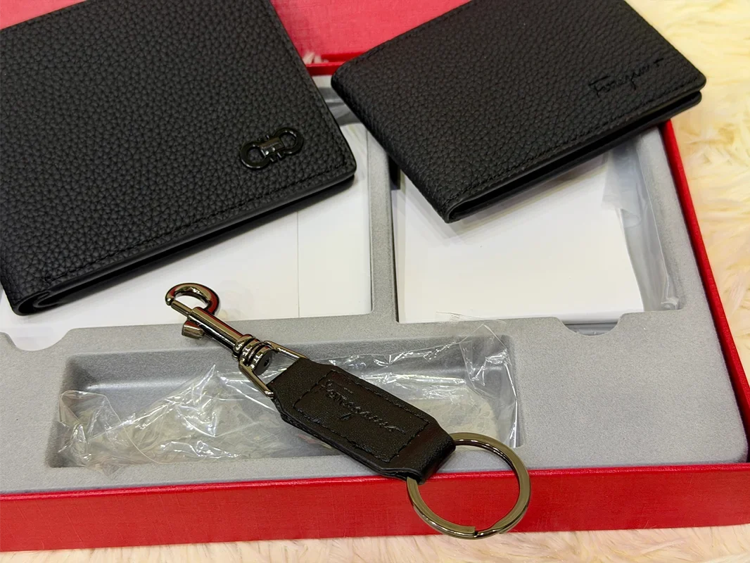 Salvatore Ferragamo Black Grain Textured Wallet Gift Set with Card Holder & Keychain