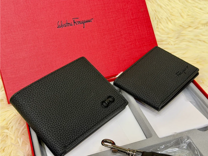 Salvatore Ferragamo Black Grain Textured Wallet Gift Set with Card Holder & Keychain