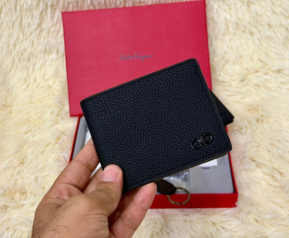 Salvatore Ferragamo Black Grain Textured Wallet Gift Set with Card Holder & Keychain