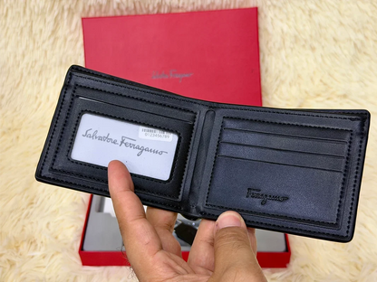 Salvatore Ferragamo Black Grain Textured Wallet Gift Set with Card Holder & Keychain