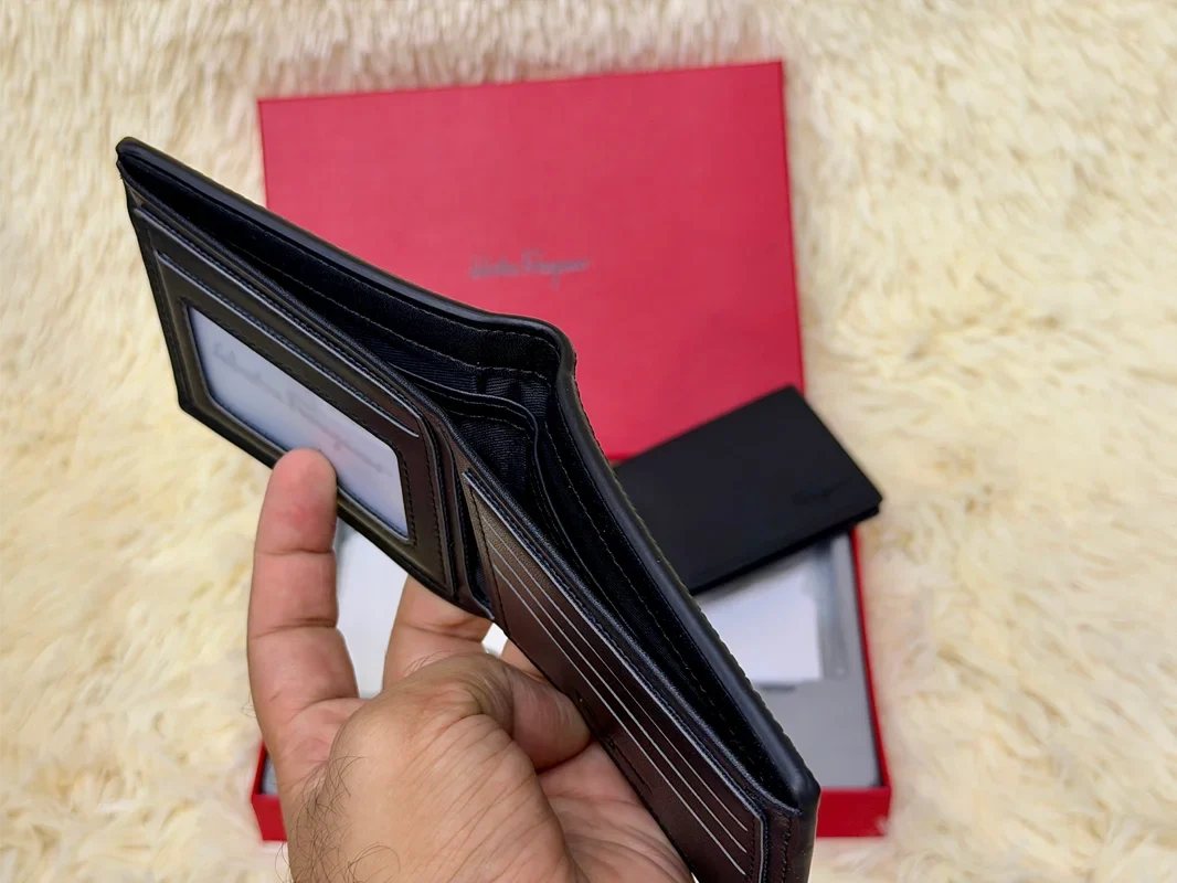 Salvatore Ferragamo Black Grain Textured Wallet Gift Set with Card Holder & Keychain
