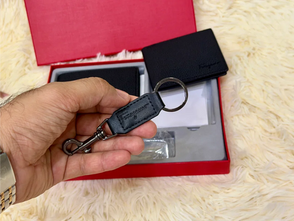 Salvatore Ferragamo Black Grain Textured Wallet Gift Set with Card Holder & Keychain