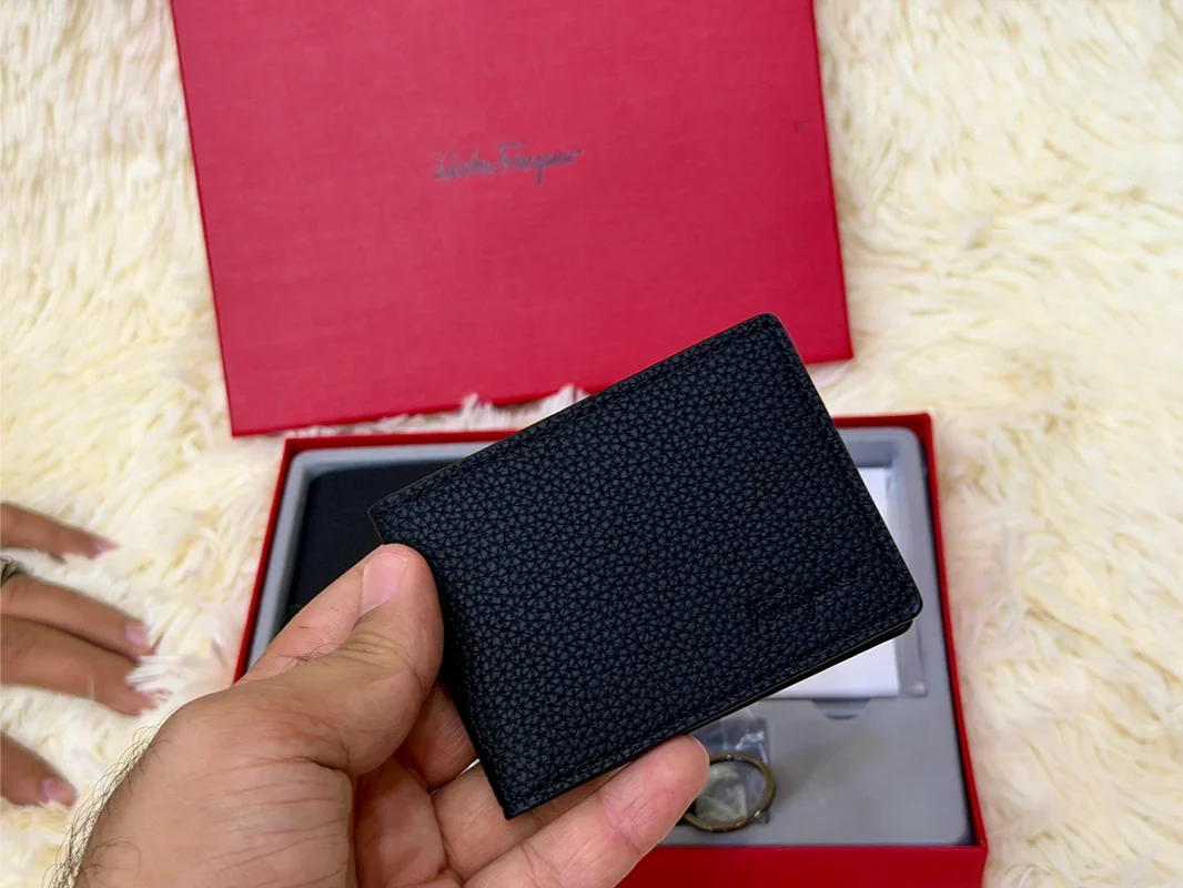 Salvatore Ferragamo Black Grain Textured Wallet Gift Set with Card Holder & Keychain