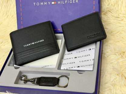 Tommy Hilfiger Black Saffiano Wallet Gift Set with Card Holder & Keychain