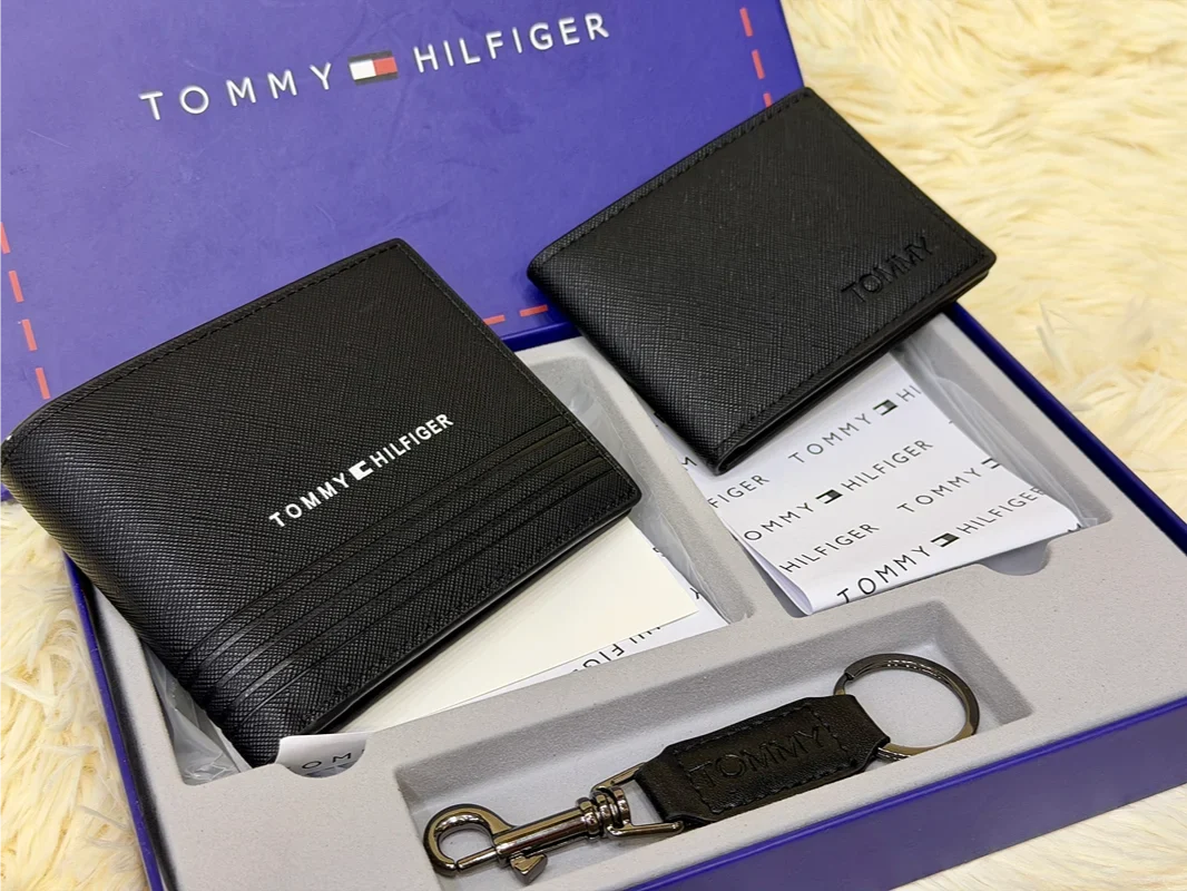 Tommy Hilfiger Black Saffiano Wallet Gift Set with Card Holder & Keychain