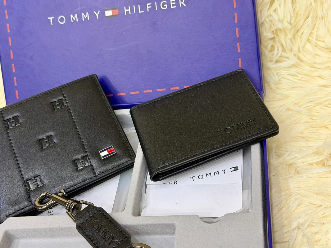 Tommy Hilfiger Black TH Embossed Bifold Wallet Gift Set with Card Holder & Keychain
