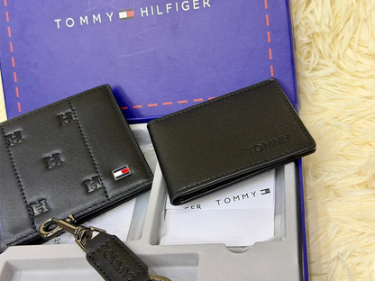 Tommy Hilfiger Black TH Embossed Bifold Wallet Gift Set with Card Holder & Keychain