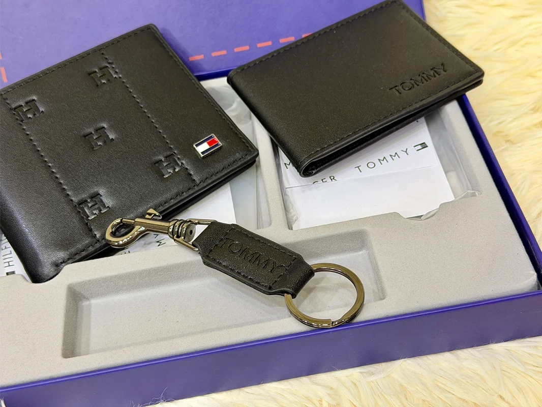 Tommy Hilfiger Black TH Embossed Bifold Wallet Gift Set with Card Holder & Keychain