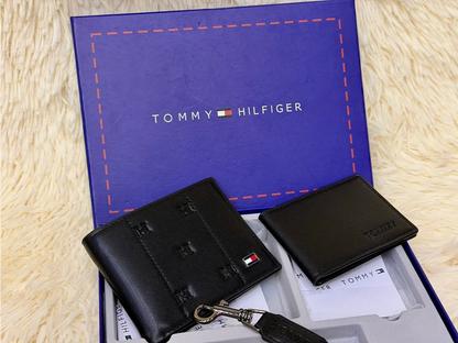Tommy Hilfiger Black TH Embossed Bifold Wallet Gift Set with Card Holder & Keychain