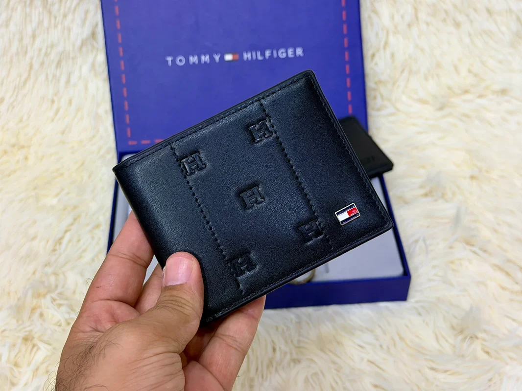 Tommy Hilfiger Black TH Embossed Bifold Wallet Gift Set with Card Holder & Keychain