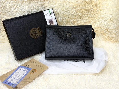 Versace Black Embossed Greek Key Zip Pouch