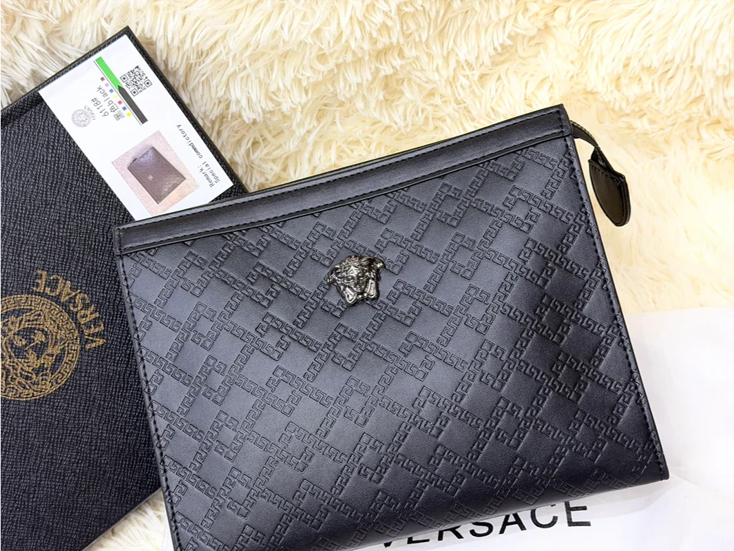 Versace Black Embossed Greek Key Zip Pouch