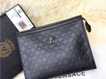 Versace Black Embossed Greek Key Zip Pouch