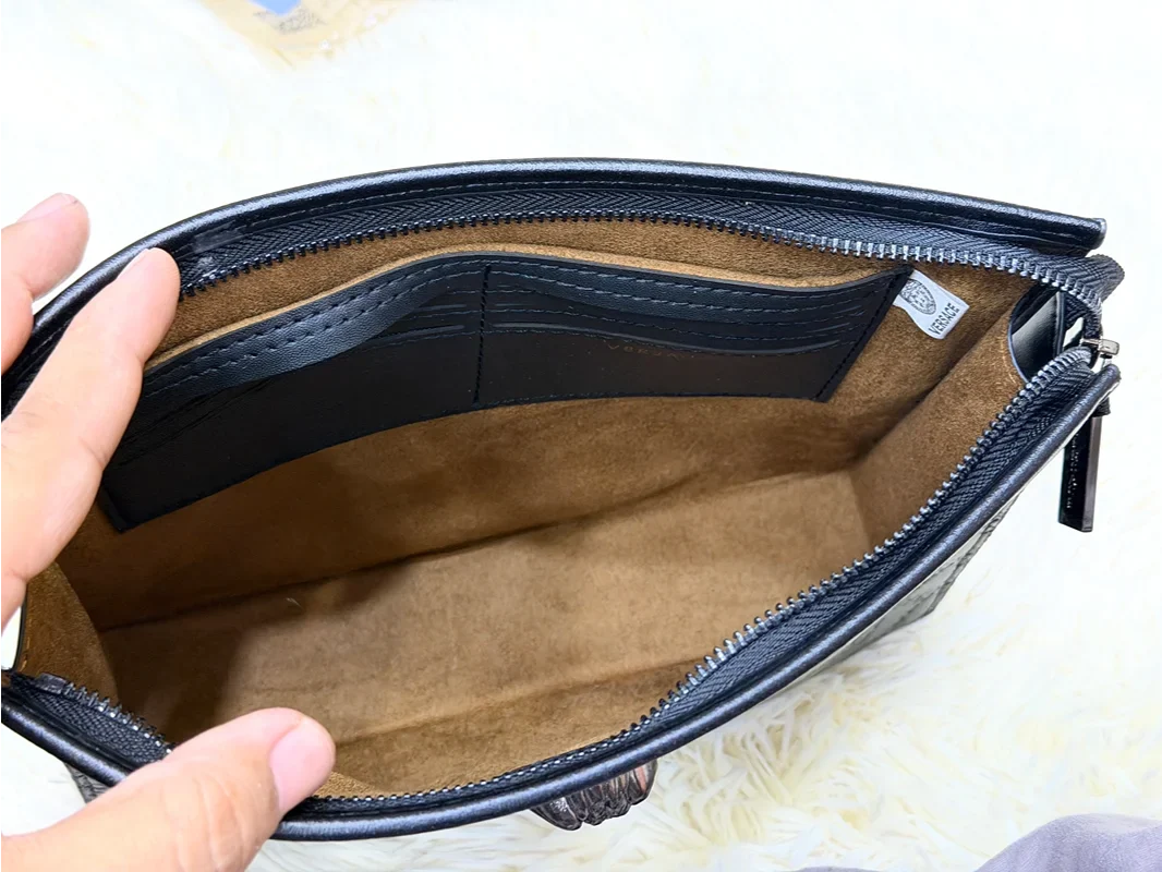 Versace Black Embossed Greek Key Zip Pouch