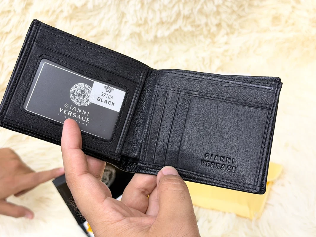 Versace Black Geometric Bifold Wallet with Gold Medusa Logo