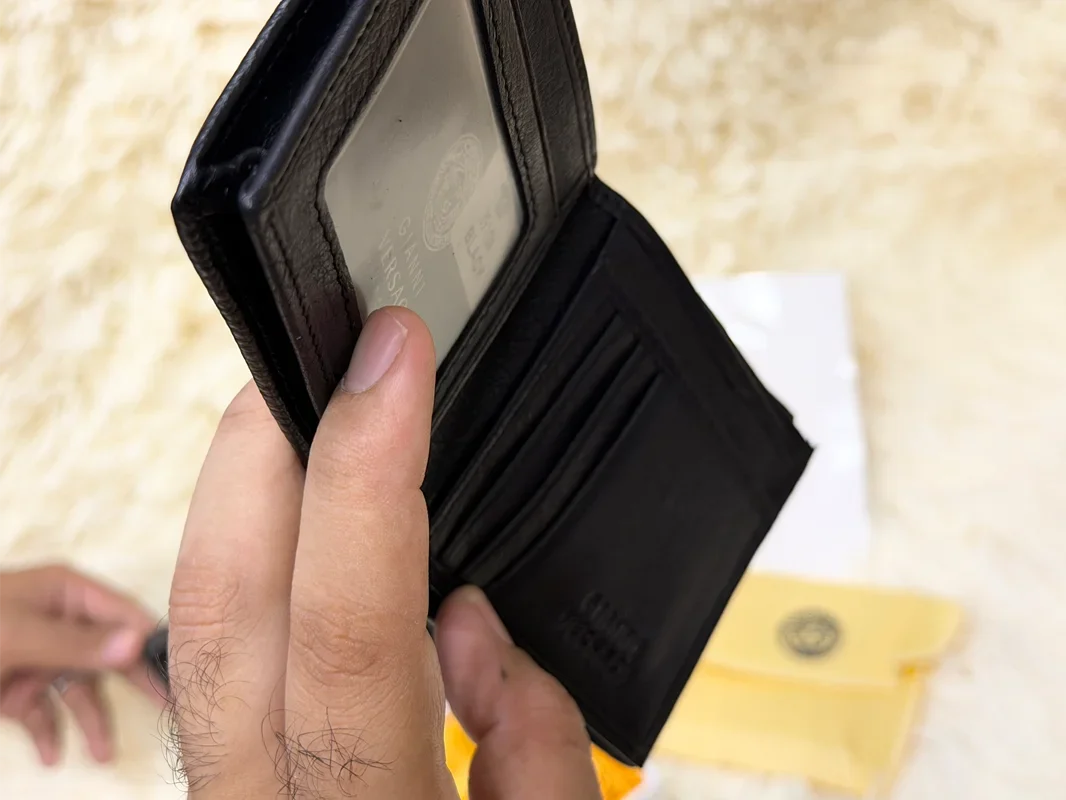 Versace Black Geometric Bifold Wallet with Gold Medusa Logo