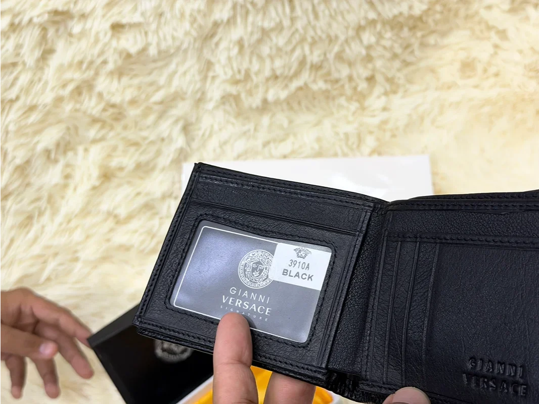 Versace Black Geometric Bifold Wallet with Gold Medusa Logo